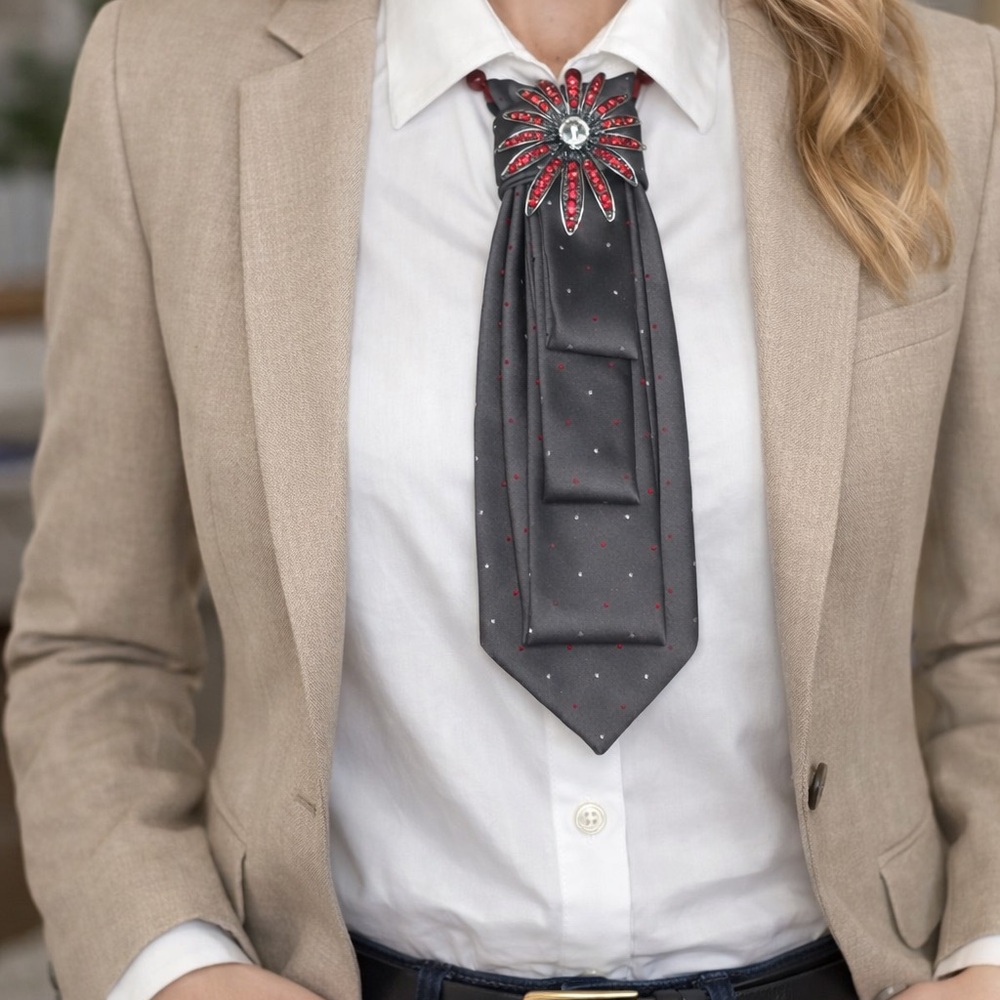 OOAK Necktie Necklace with Brooch and Beads Gray with Red & White Dots💥💥💥💥 - Picture 3 of 4